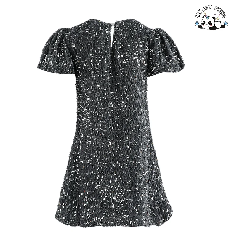 LEZONKIDS - Vestido curto com lantejoulas e mangas curtas para meninas, moda infantil, vestido solto em forma de A para aniversário